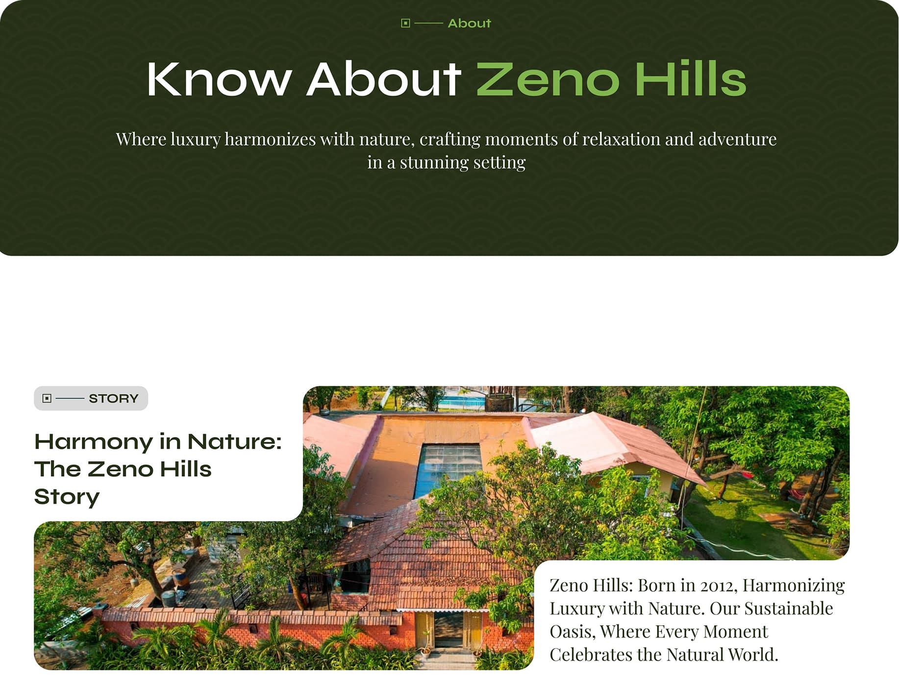 The Know About Zeno Hills banner and the story section, with an aerial photo of the resort.
