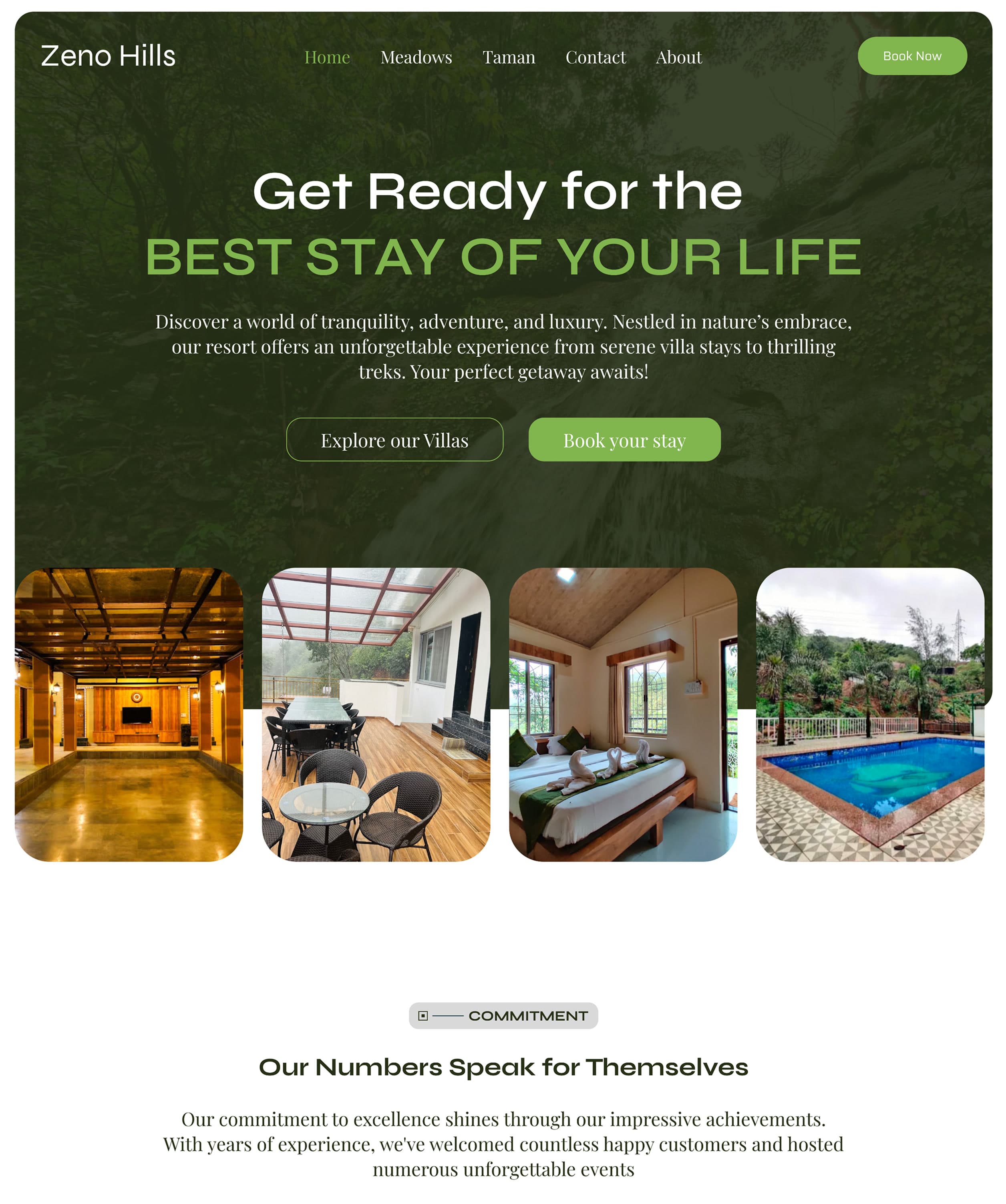 The Zeno Hills home page: the hero, four photos of the resort, and the commitment section.