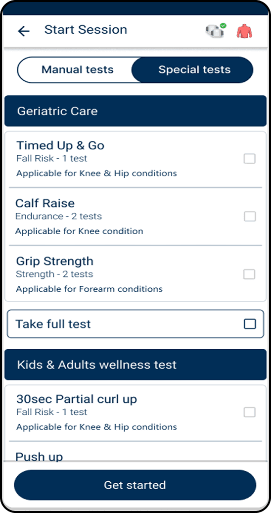 Start Session screen with Special tests grouped by condition, such as Geriatric Care.