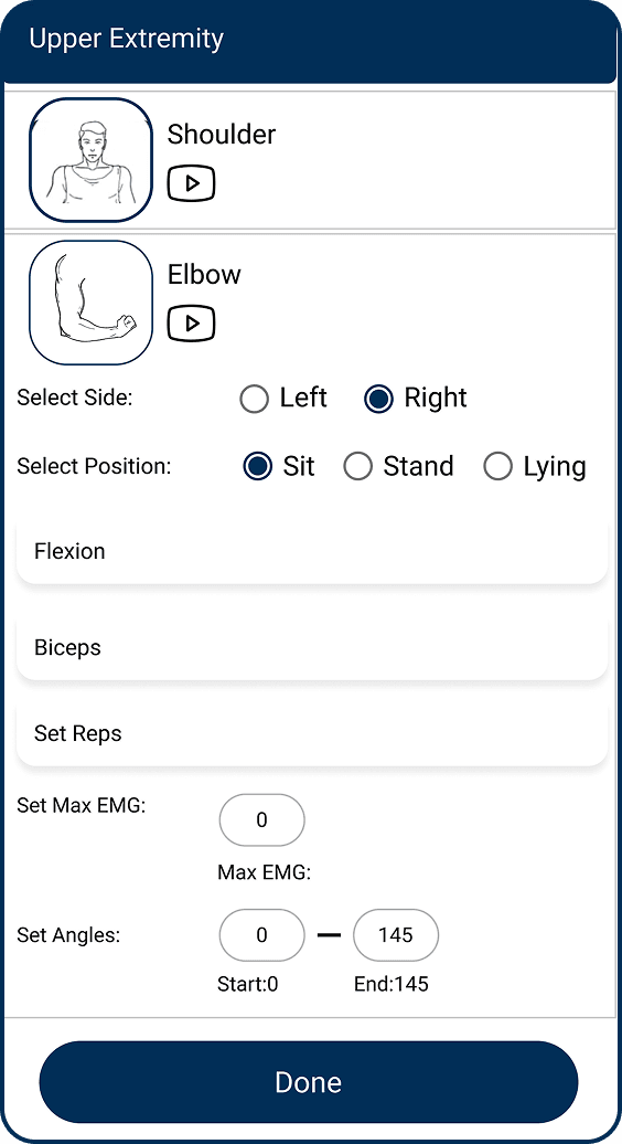 The old general test screen, with side, position, movement, muscle, reps, EMG and angles all set by hand.