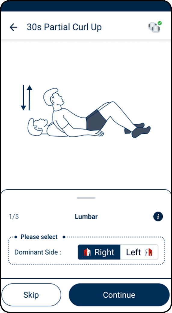 30s Partial Curl Up test setup with the guidance collapsed, asking only for the dominant side.
