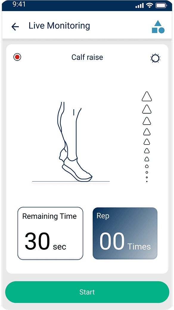 Calf raise Live Monitoring with a stack of arrows beside the leg illustration, remaining time and reps.