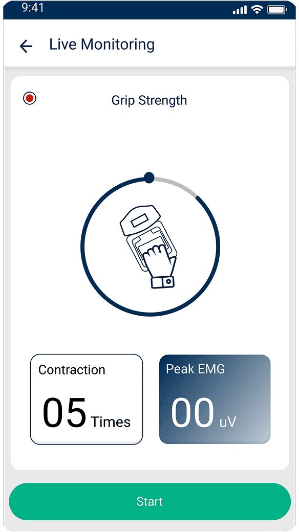 Grip Strength Live Monitoring with a progress ring around the hand illustration, contractions and peak EMG.