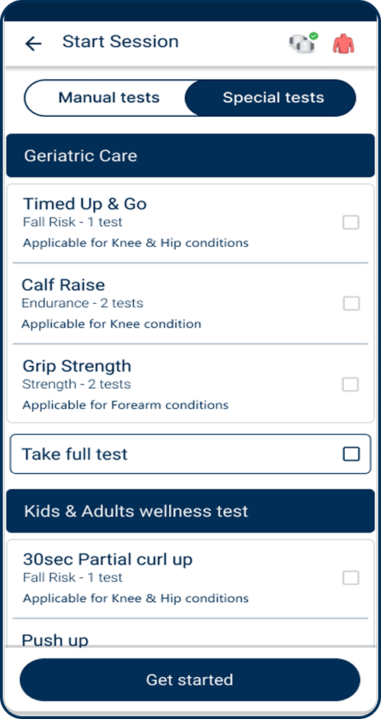 Start Session with Special tests grouped by condition, such as Geriatric Care and Kids & Adults wellness.