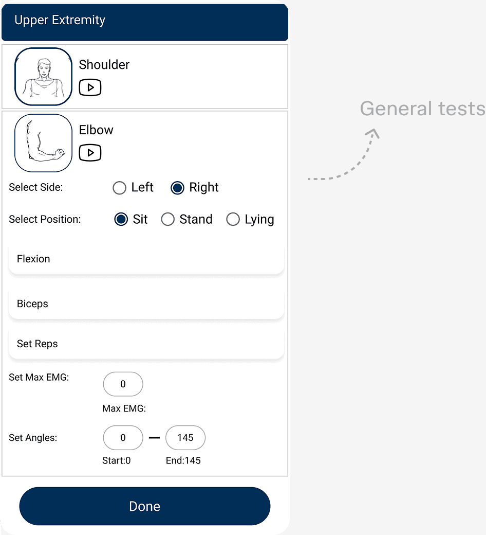The old General tests screen: side, position, movement, muscle, reps, max EMG and angles all set by hand.