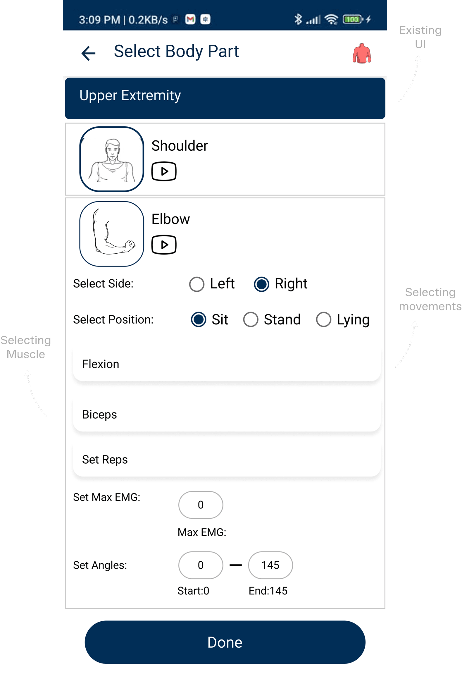 The existing Pheezee Select Body Part screen, annotated where physiotherapists select movements and muscles.
