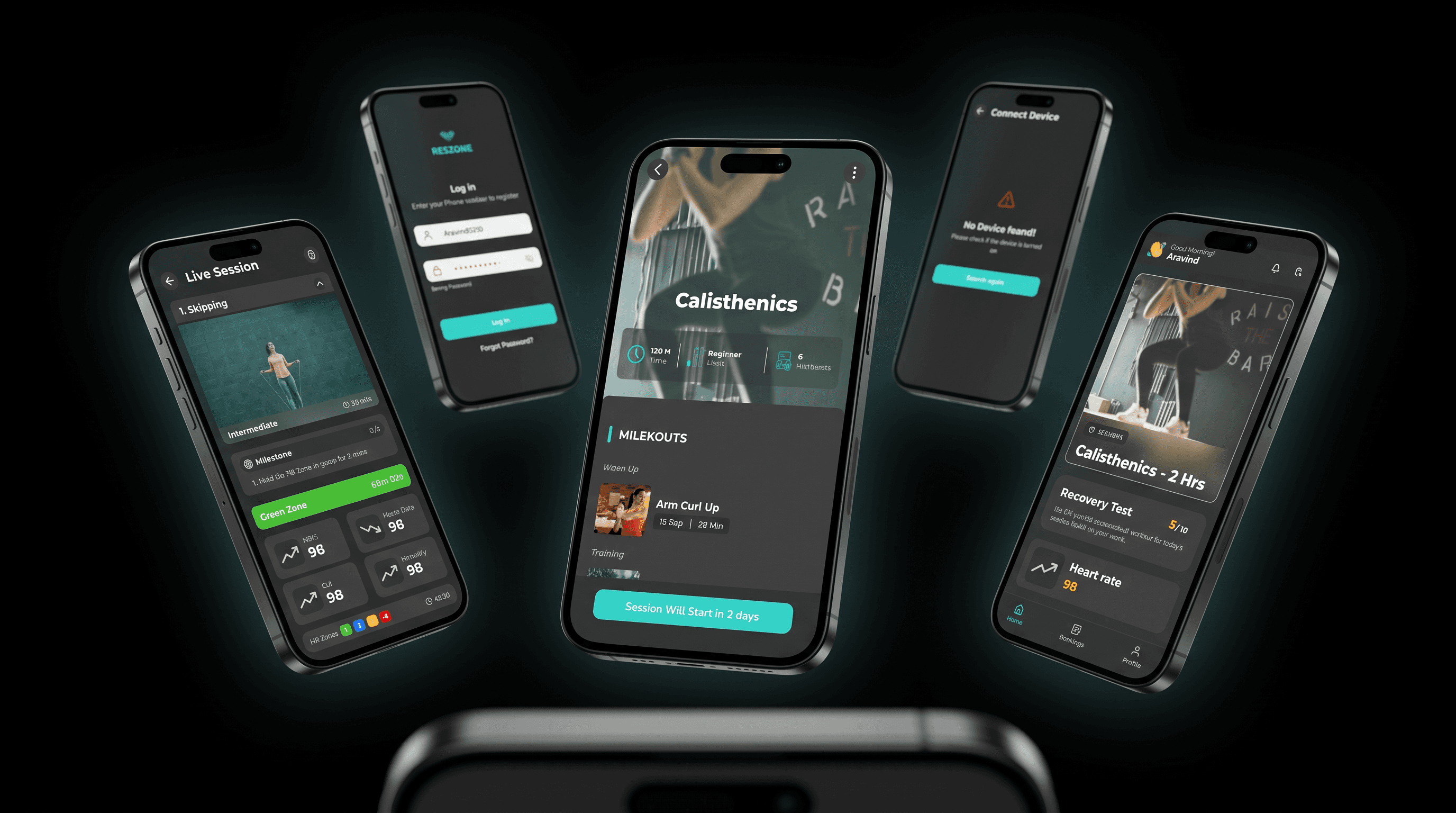 Five Reszone app screens on floating phones.
