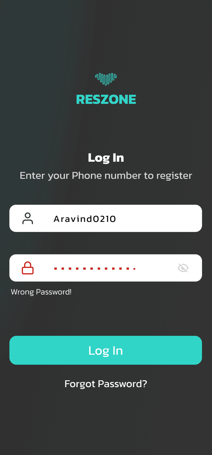 Log in screen