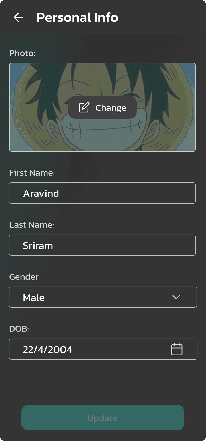 Personal info screen