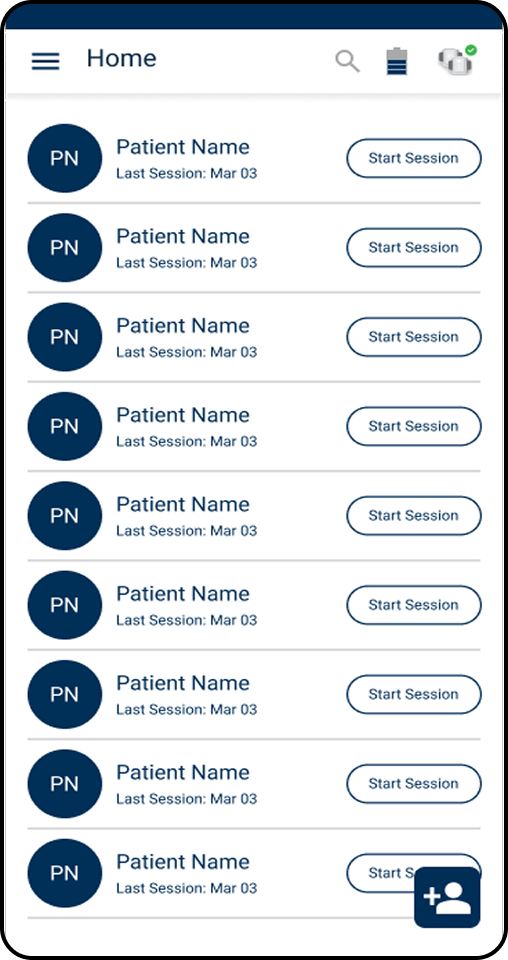 Home screen listing patients, each with a Start Session button.