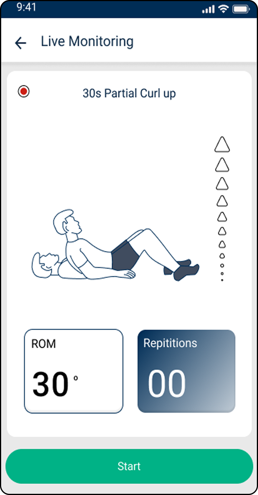 Live Monitoring screen showing range of motion and repetitions during the test.