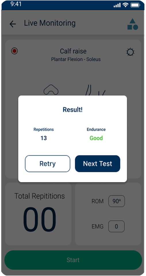 Result dialog showing repetitions and endurance, with Retry and Next Test.