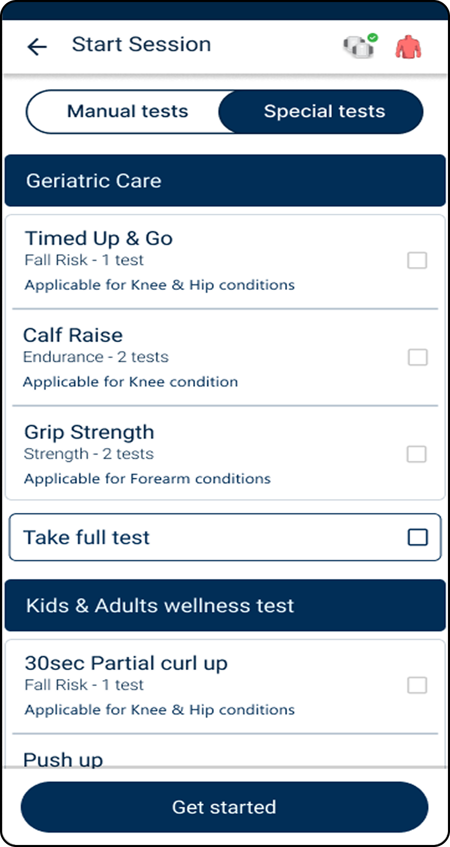Start Session screen with Special tests grouped by condition, such as Geriatric Care.