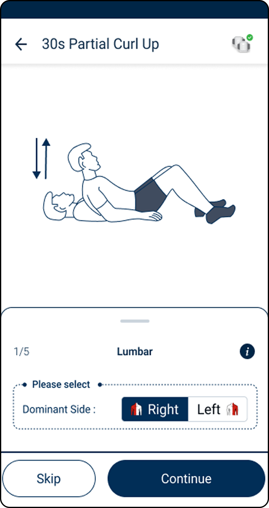 30s Partial Curl Up test setup asking for the dominant side.