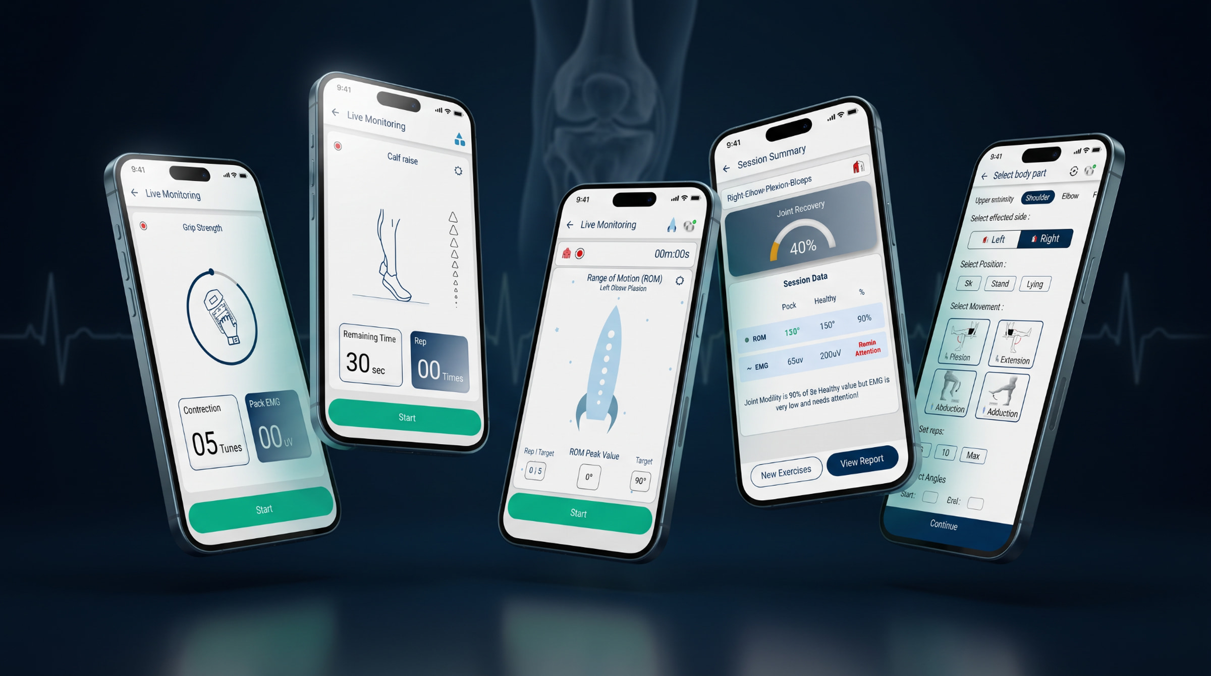 Five Pheezee app screens: live monitoring, a session summary, and body-part selection.